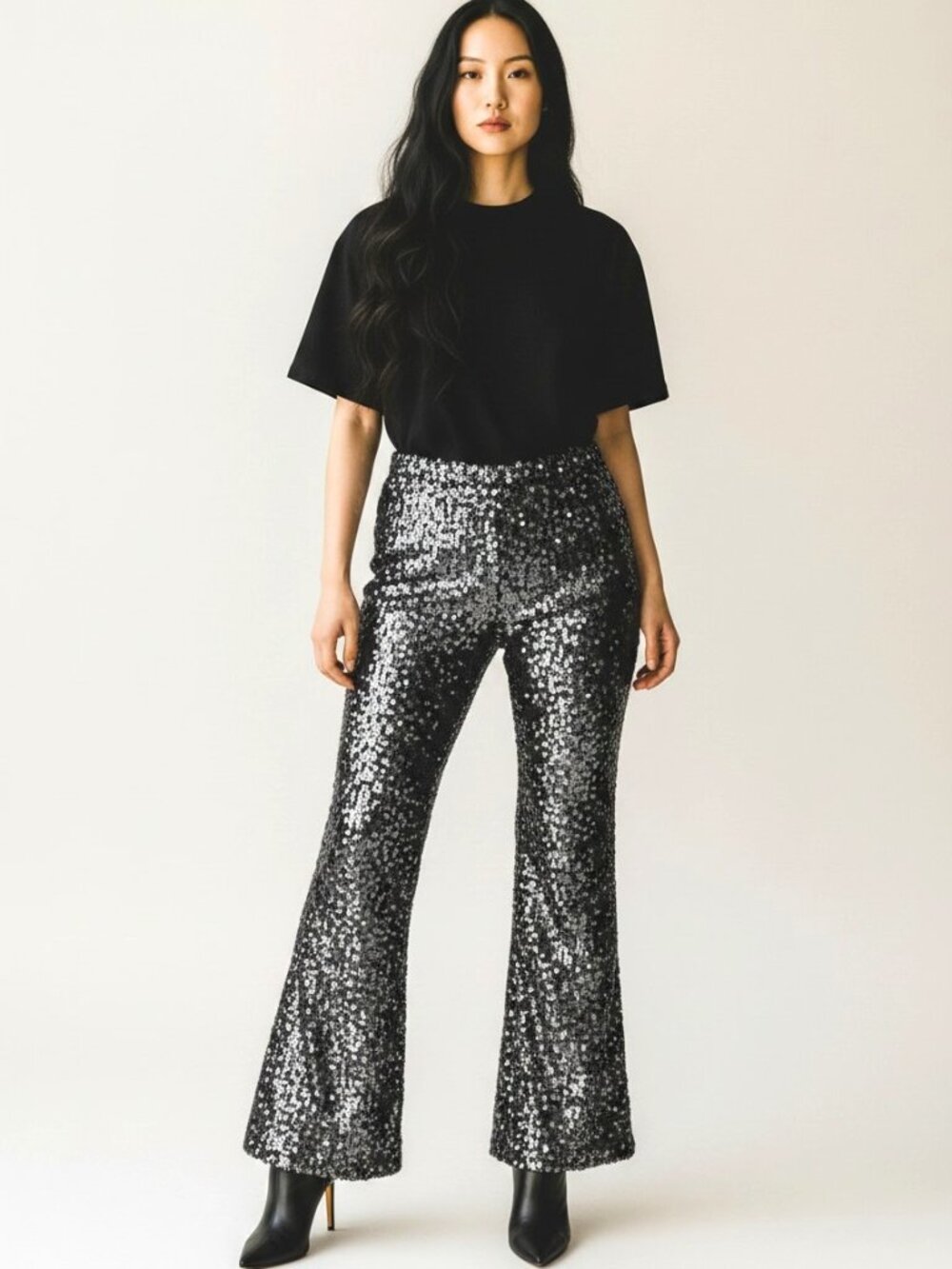 ZARA‎ Black Sequin Stretch Flare Leg Pants